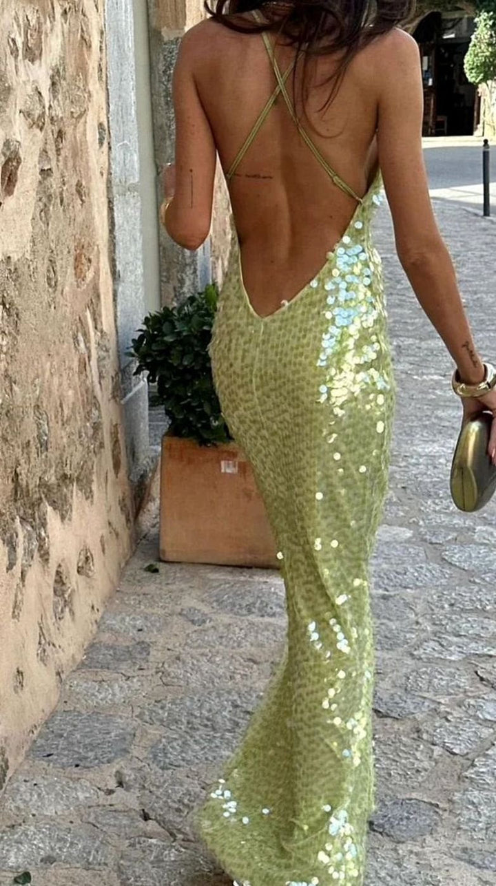 Harriet | Effortless Sequin Backless Christmas Dress Maxi