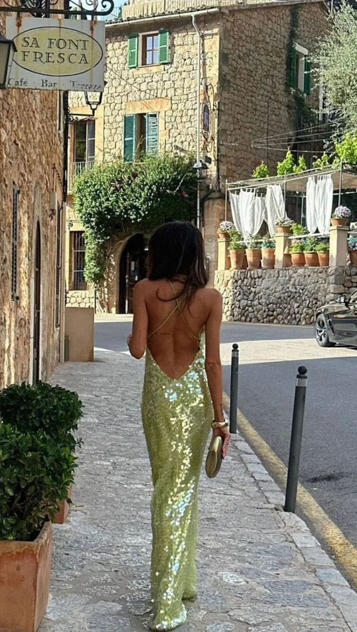 Harriet | Effortless Sequin Backless Christmas Dress Maxi