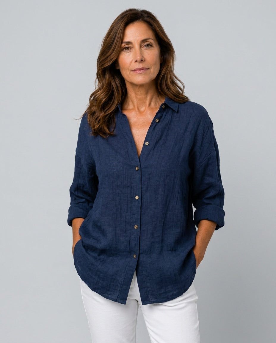 Harriet | Graceful Oversized Linen Tops with Button-Front Shirt Style