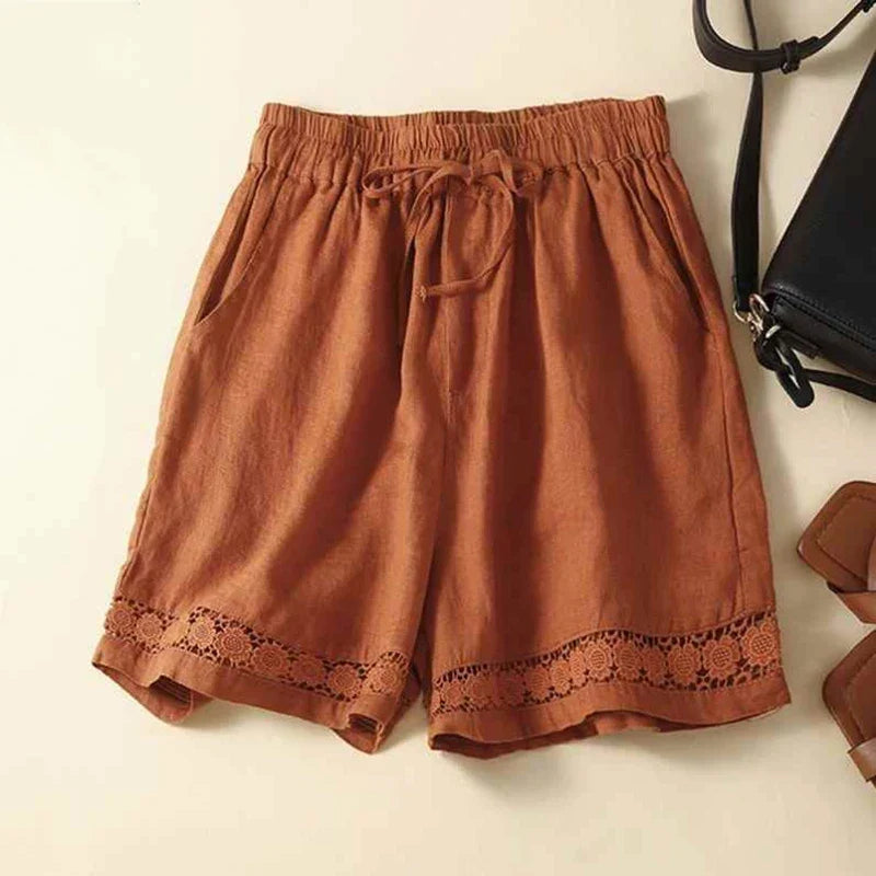 Harriet | Timeless Wide Leg Linen Shorts with Crochet Trim