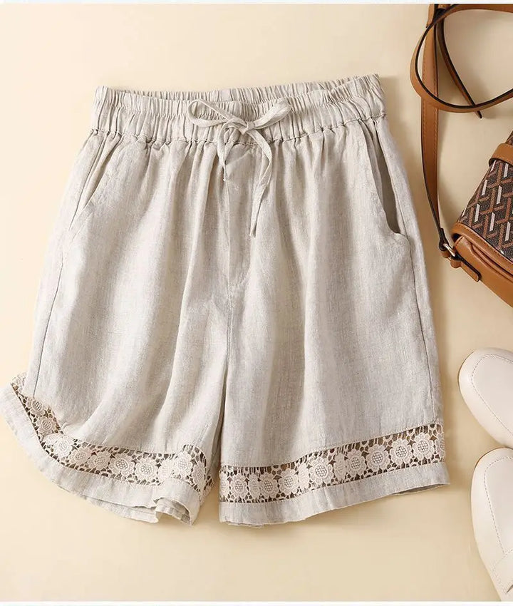 Harriet | Timeless Wide Leg Linen Shorts with Crochet Trim