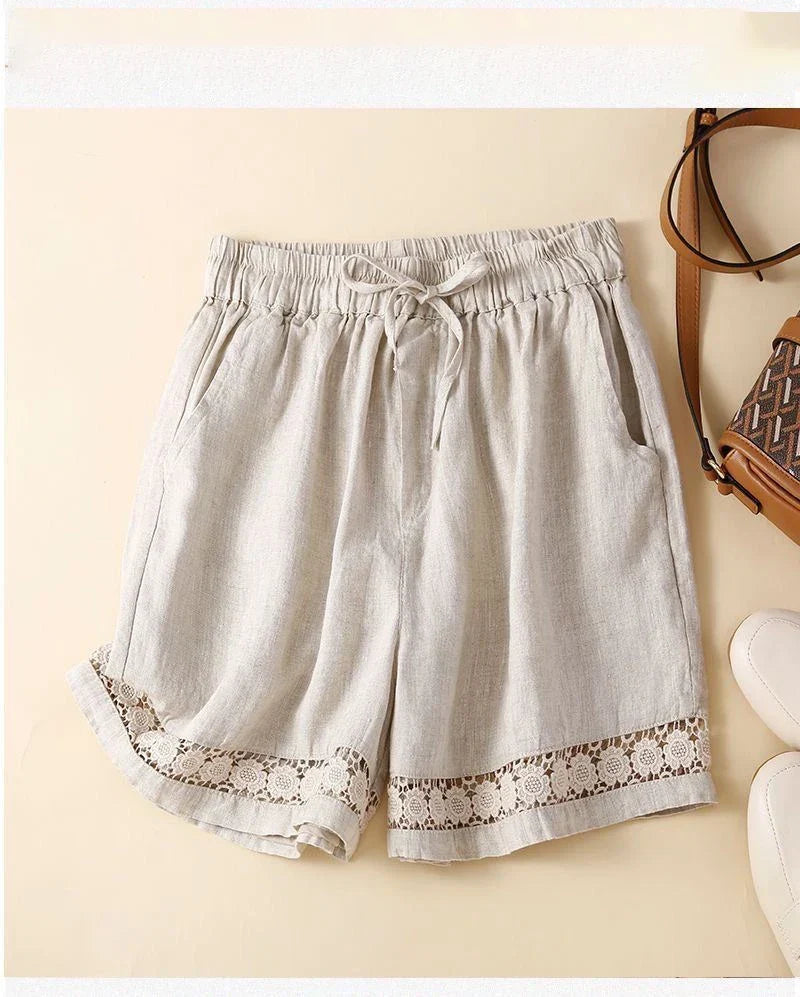 Harriet | Timeless Wide Leg Linen Shorts with Crochet Trim