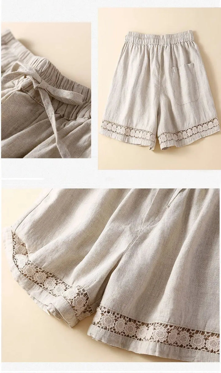 Harriet | Timeless Wide Leg Linen Shorts with Crochet Trim