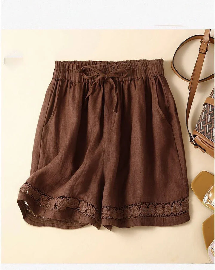 Harriet | Timeless Wide Leg Linen Shorts with Crochet Trim