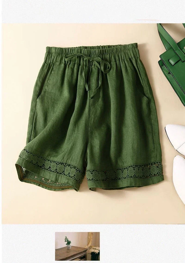 Harriet | Timeless Wide Leg Linen Shorts with Crochet Trim
