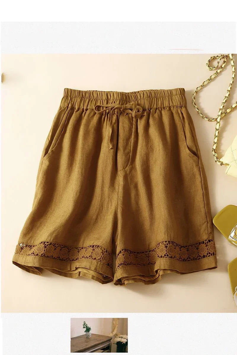 Harriet | Timeless Wide Leg Linen Shorts with Crochet Trim