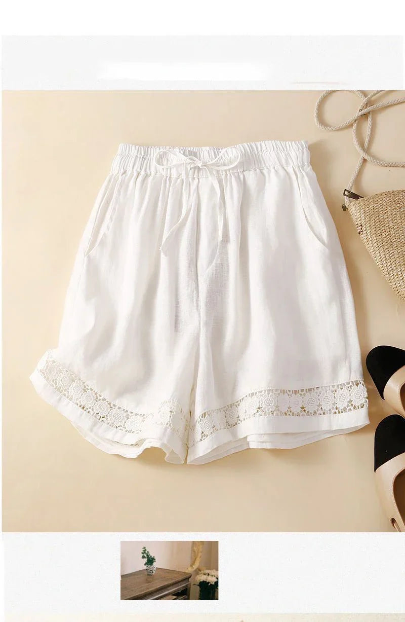 Harriet | Timeless Wide Leg Linen Shorts with Crochet Trim