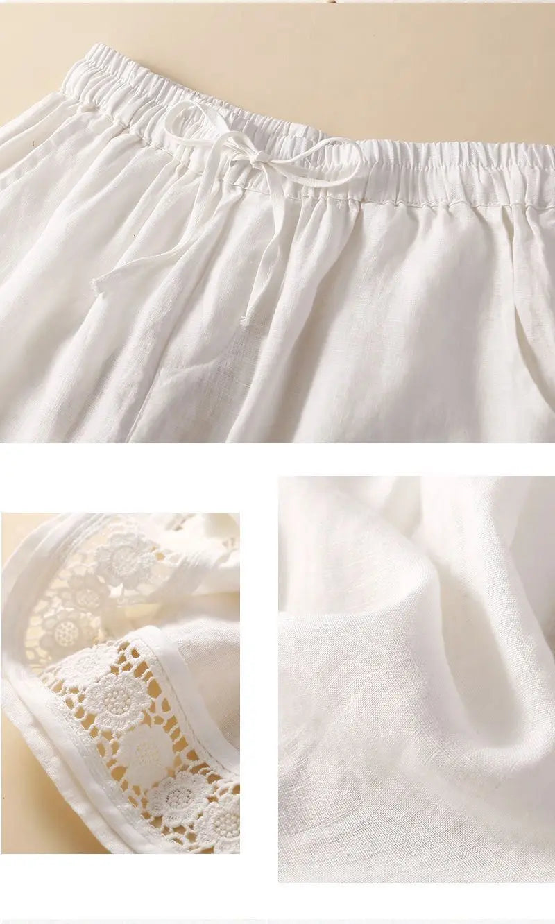 Harriet | Timeless Wide Leg Linen Shorts with Crochet Trim