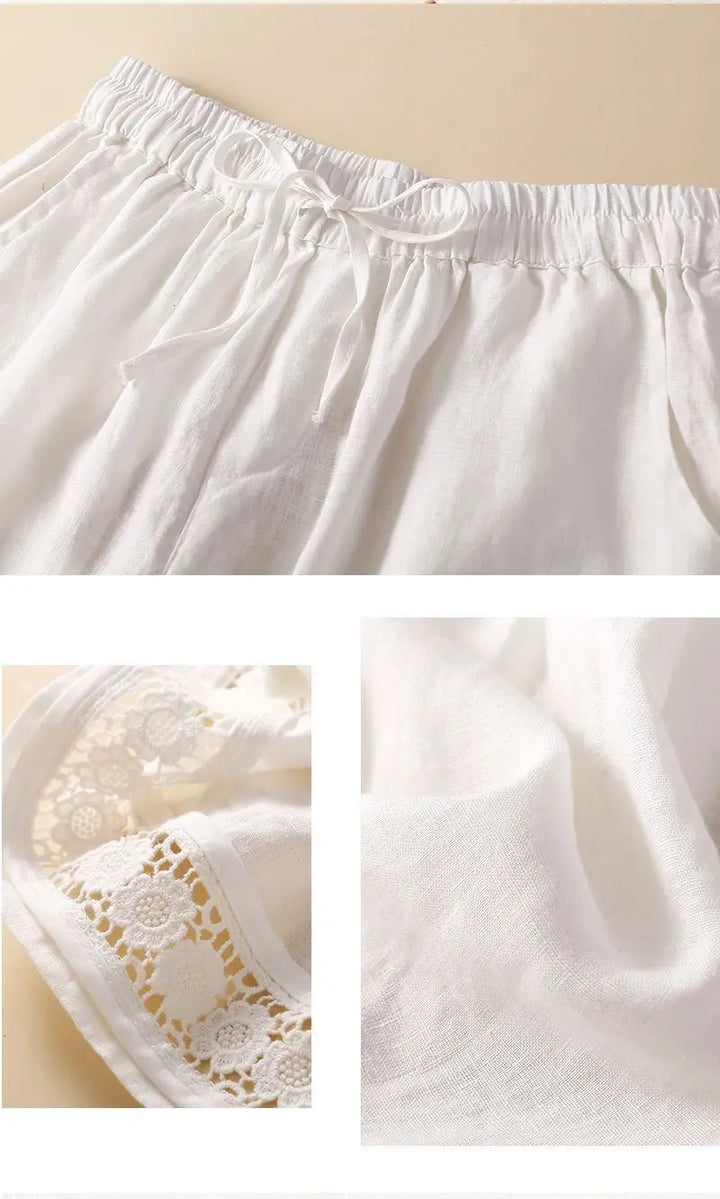 Harriet | Timeless Wide Leg Linen Shorts with Crochet Trim