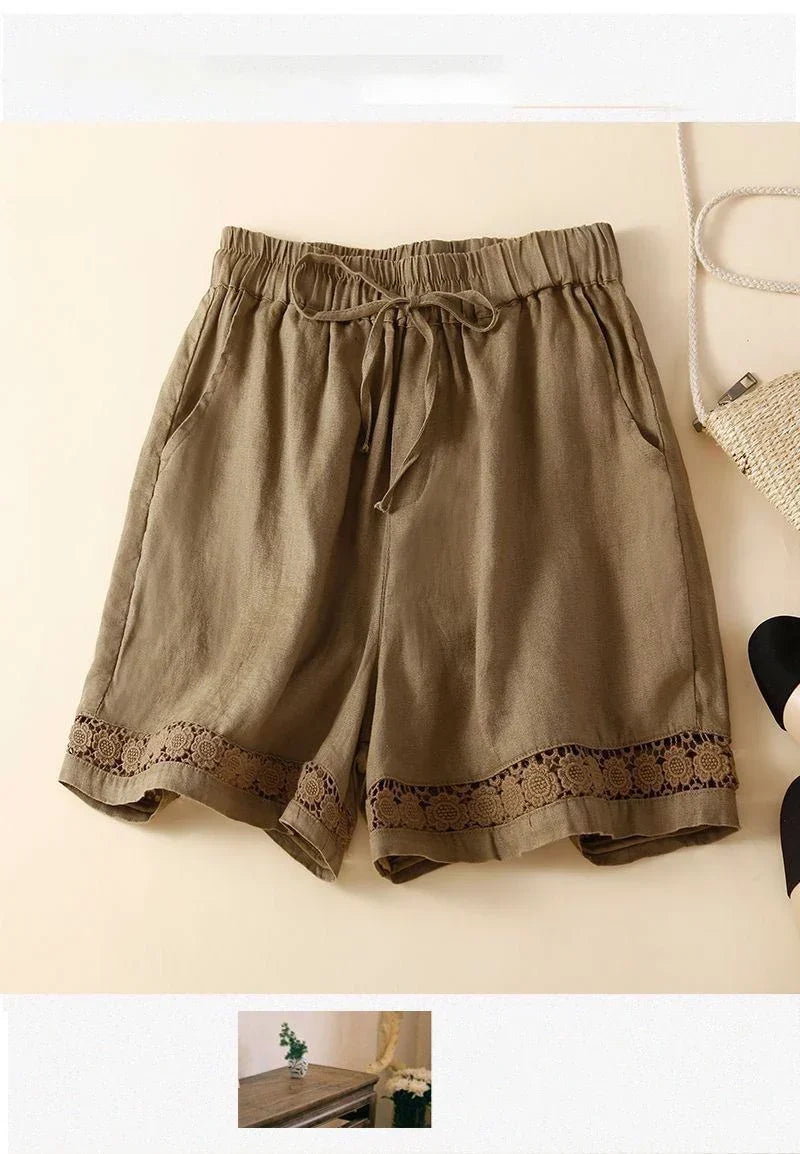Harriet | Timeless Wide Leg Linen Shorts with Crochet Trim