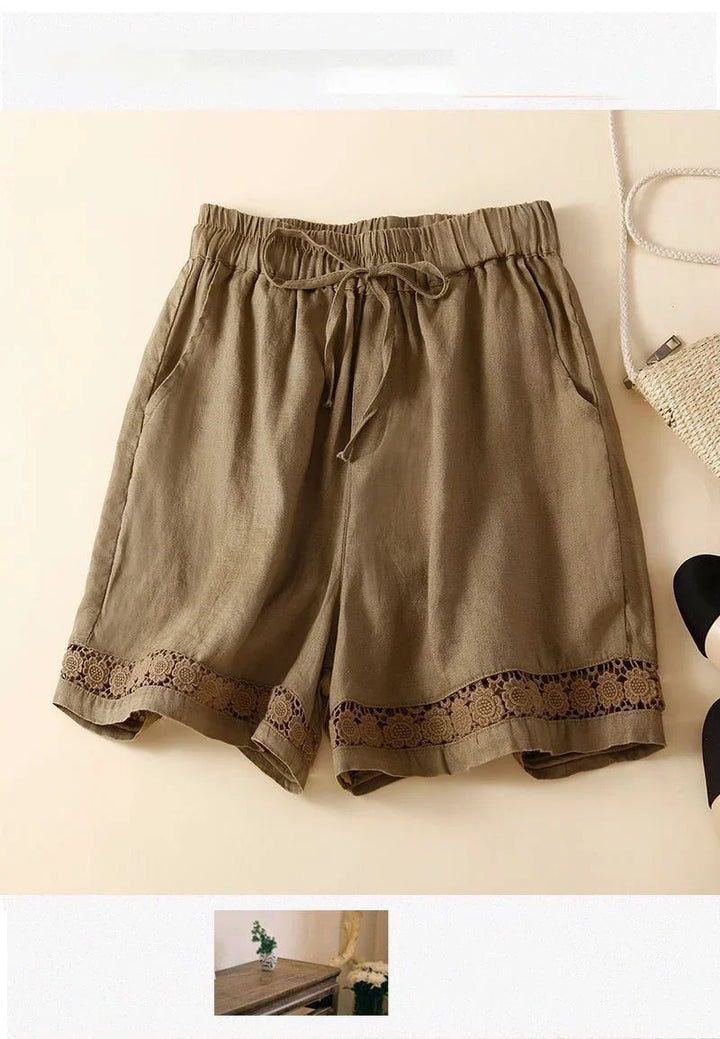 Harriet | Timeless Wide Leg Linen Shorts with Crochet Trim