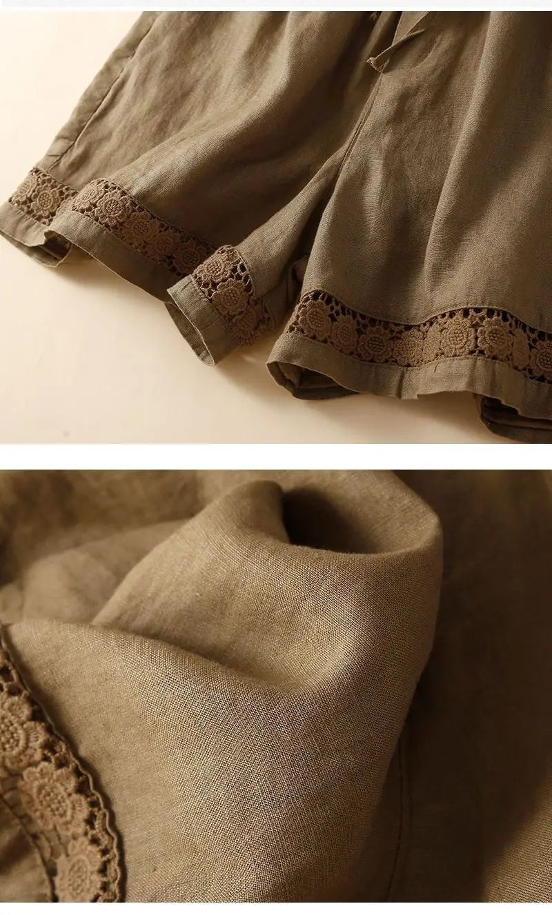 Harriet | Timeless Wide Leg Linen Shorts with Crochet Trim