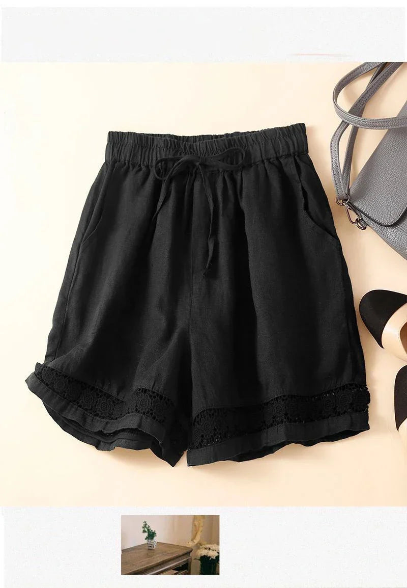 Harriet | Timeless Wide Leg Linen Shorts with Crochet Trim