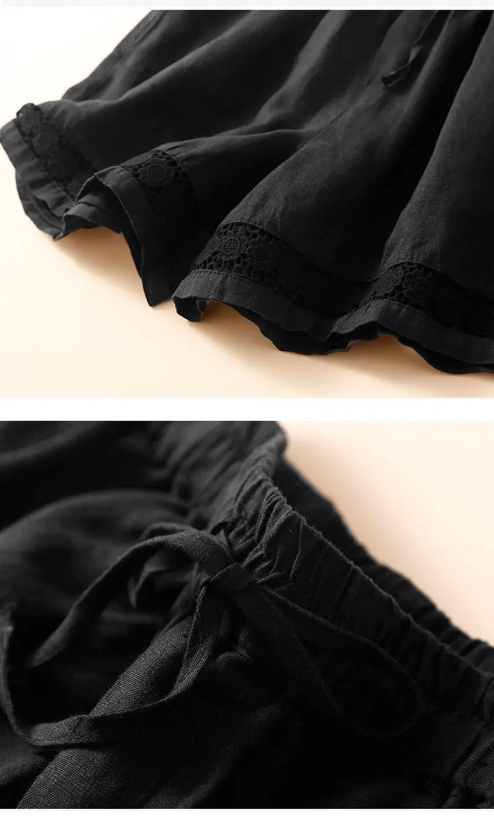 Harriet | Timeless Wide Leg Linen Shorts with Crochet Trim