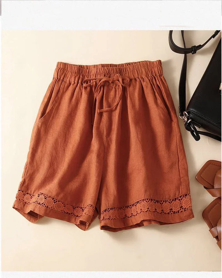 Harriet | Timeless Wide Leg Linen Shorts with Crochet Trim