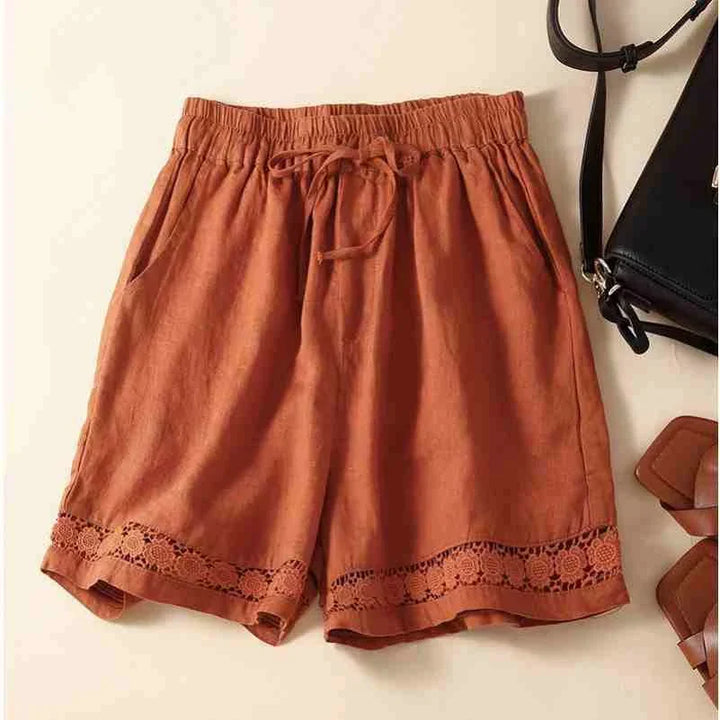 Harriet | Timeless Wide Leg Linen Shorts with Crochet Trim