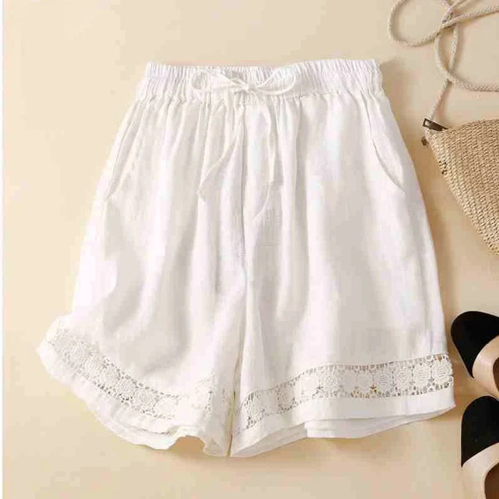 Harriet | Timeless Wide Leg Linen Shorts with Crochet Trim