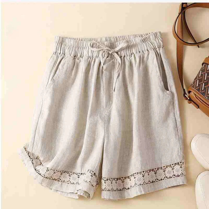 Harriet | Timeless Wide Leg Linen Shorts with Crochet Trim