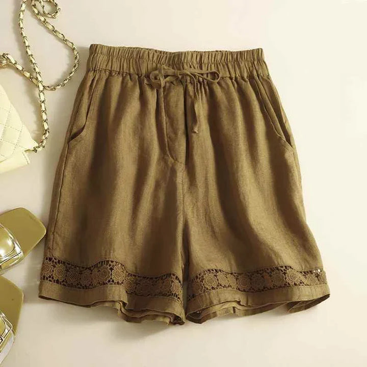 Harriet | Timeless Wide Leg Linen Shorts with Crochet Trim