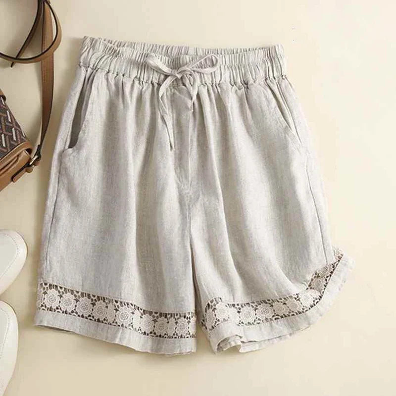 Harriet | Timeless Wide Leg Linen Shorts with Crochet Trim
