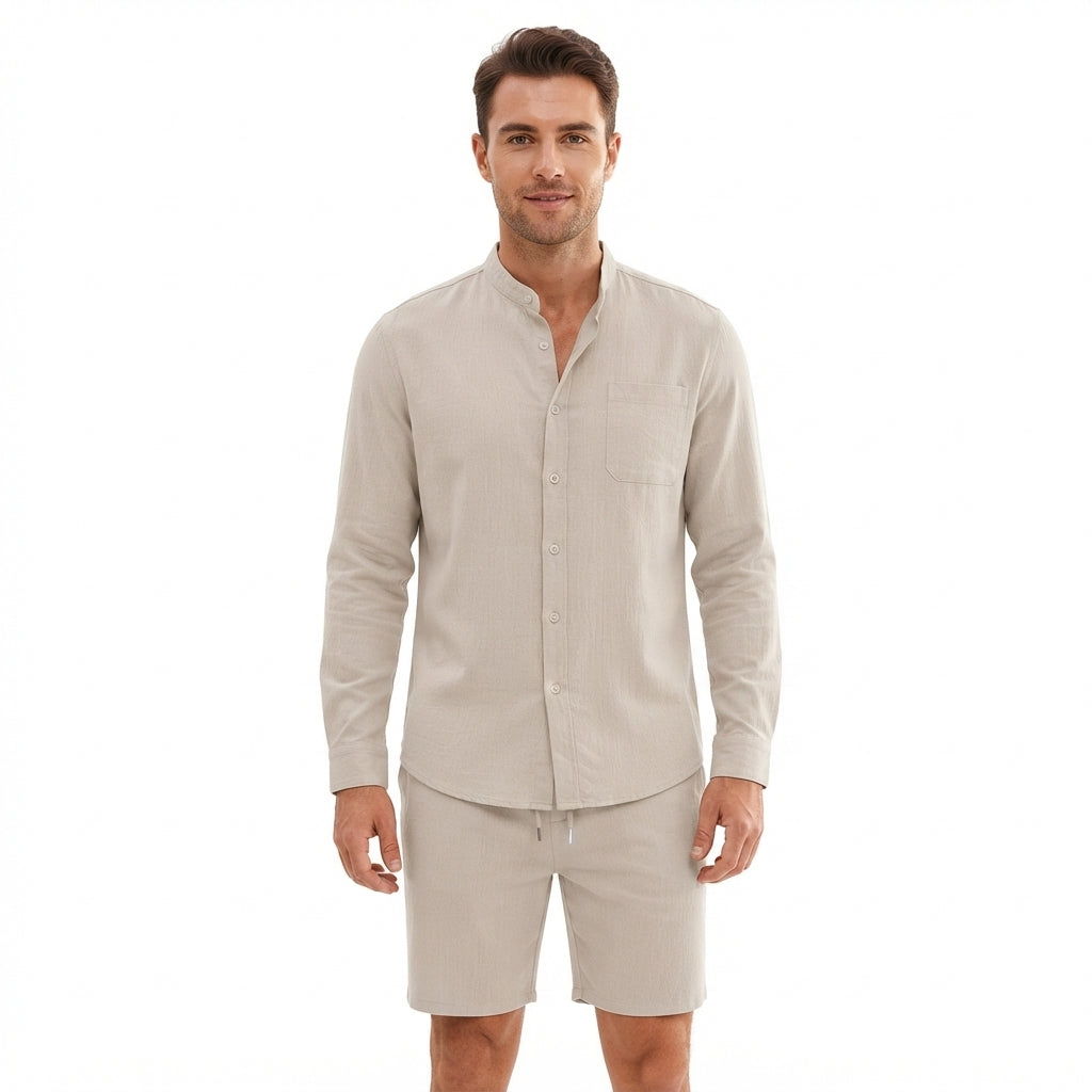 Harrison | Sophisticated Linen Shorts & Band Collar Shirt Two-Piece Set