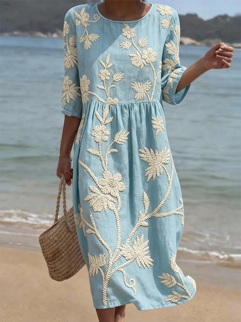 Hazel | Effortless Floral Embroidered Midi Linen Dress