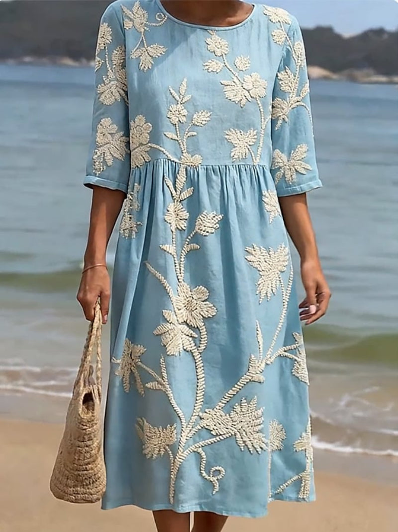 Hazel | Effortless Floral Embroidered Midi Linen Dress