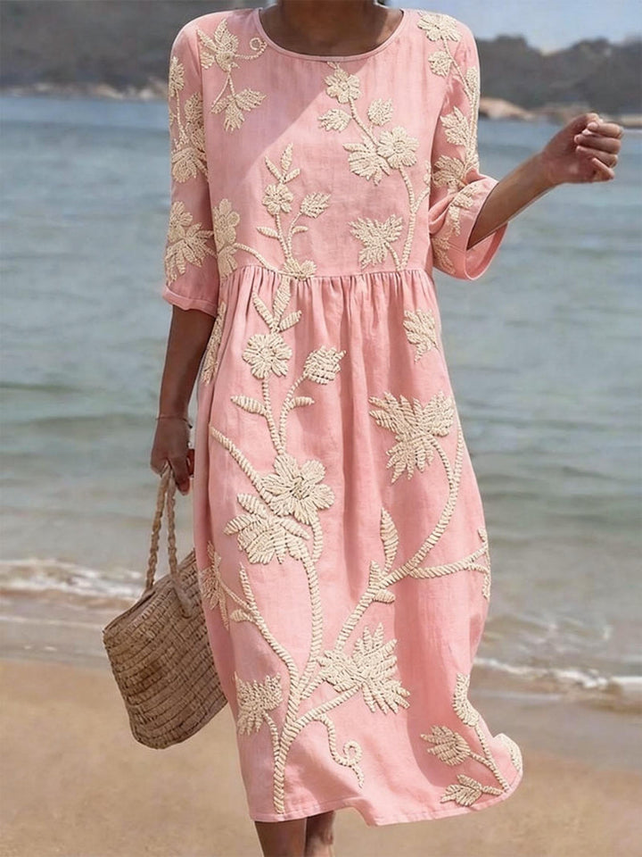 Hazel | Effortless Floral Embroidered Midi Linen Dress