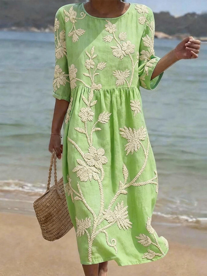 Hazel | Effortless Floral Embroidered Midi Linen Dress