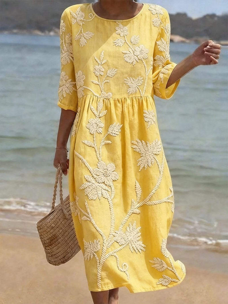 Hazel | Effortless Floral Embroidered Midi Linen Dress