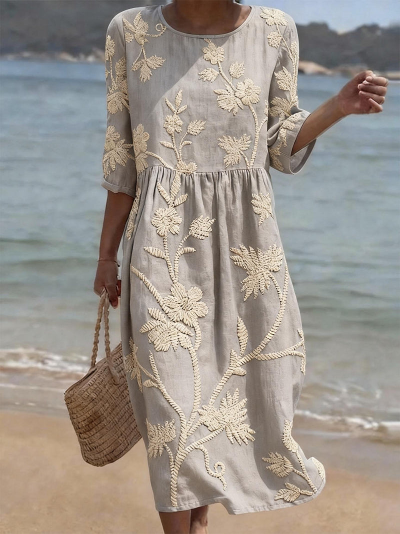 Hazel | Effortless Floral Embroidered Midi Linen Dress