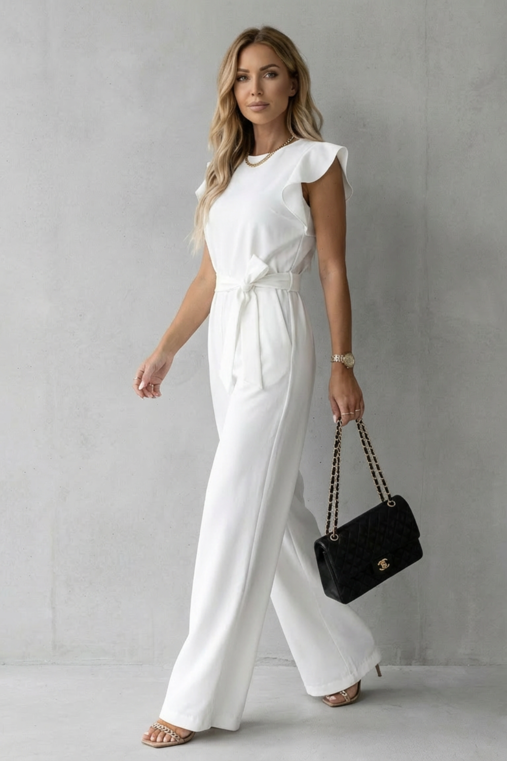 Hazel | Elegant Ruffle Sleeve Belted Wide-Leg Jumpsuit