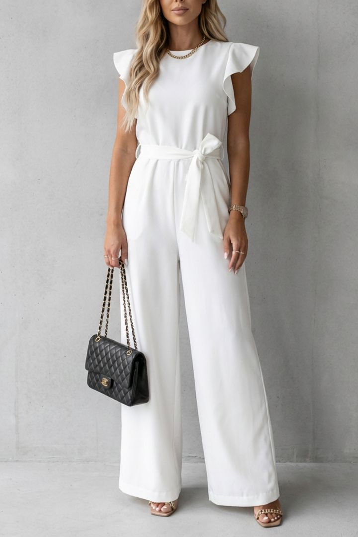 Hazel | Elegant Ruffle Sleeve Belted Wide-Leg Jumpsuit