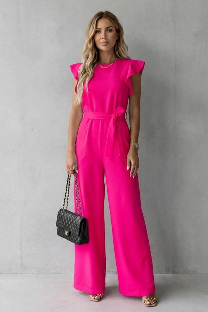 Hazel | Elegant Ruffle Sleeve Belted Wide-Leg Jumpsuit