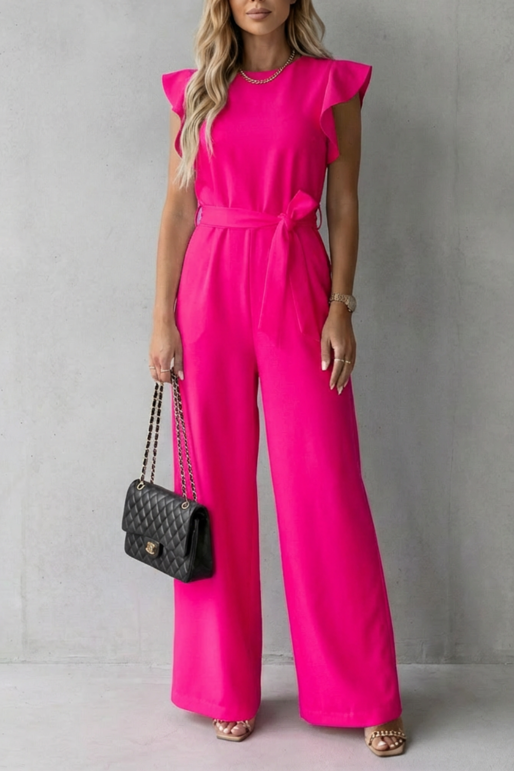 Hazel | Elegant Ruffle Sleeve Belted Wide-Leg Jumpsuit