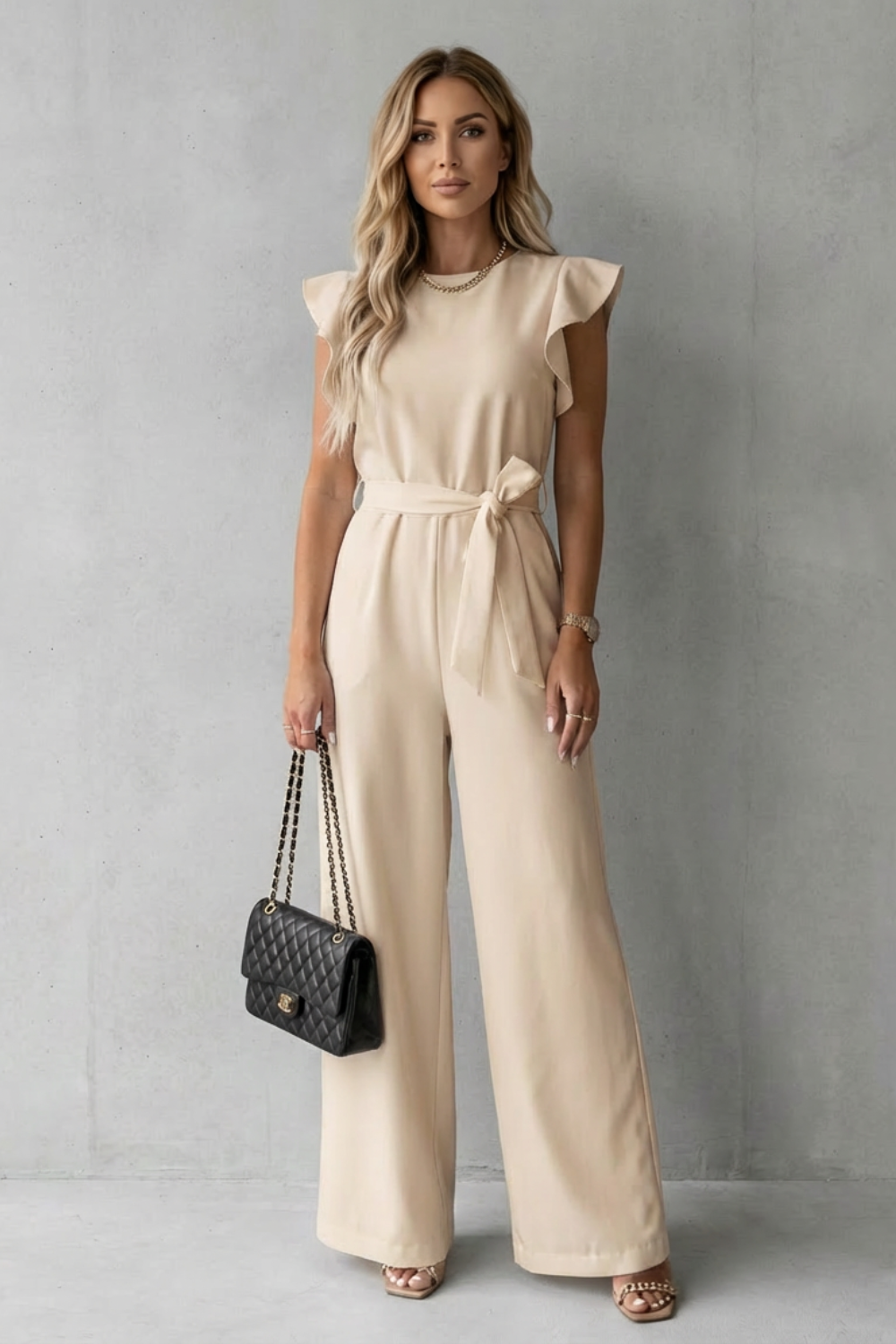 Hazel | Elegant Ruffle Sleeve Belted Wide-Leg Jumpsuit