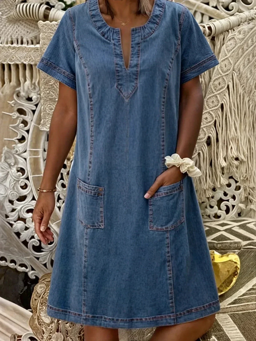 Hazel | Polished Notch Neck Denim Shift Dress with Pockets