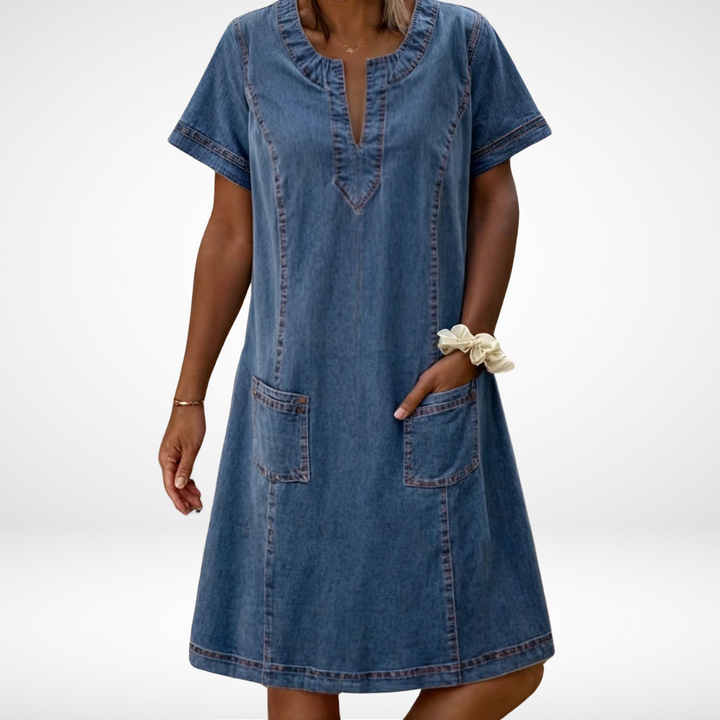 Hazel | Polished Notch Neck Denim Shift Dress with Pockets