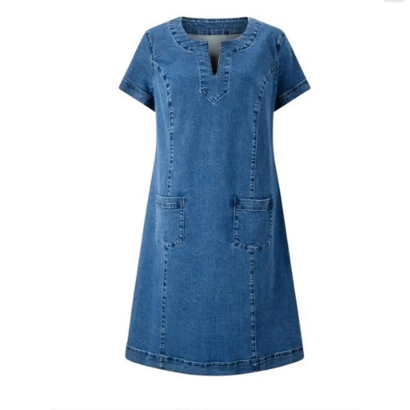 Hazel | Polished Notch Neck Denim Shift Dress with Pockets