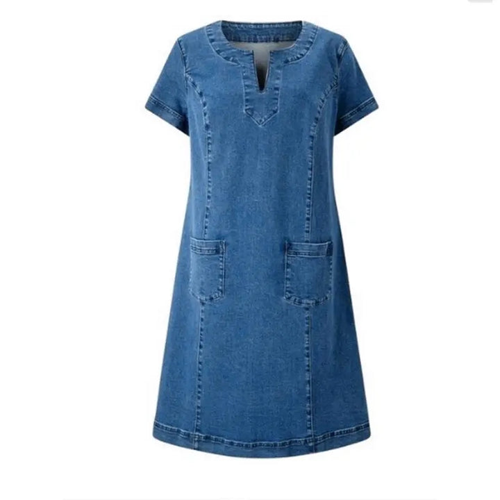 Hazel | Polished Notch Neck Denim Shift Dress with Pockets