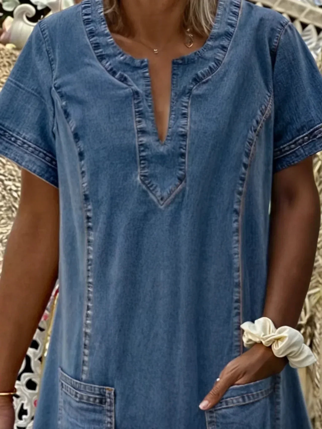 Hazel | Polished Notch Neck Denim Shift Dress with Pockets