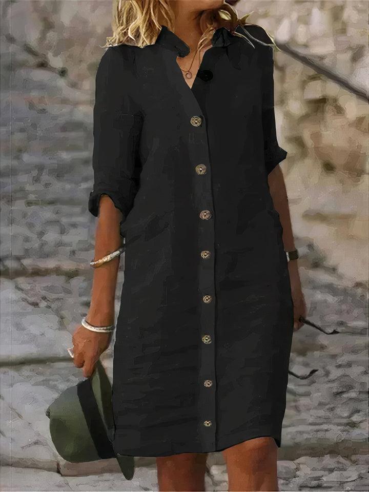 Hazel | Sophisticated Button-Front Linen Dress with Relaxed Midi Fit