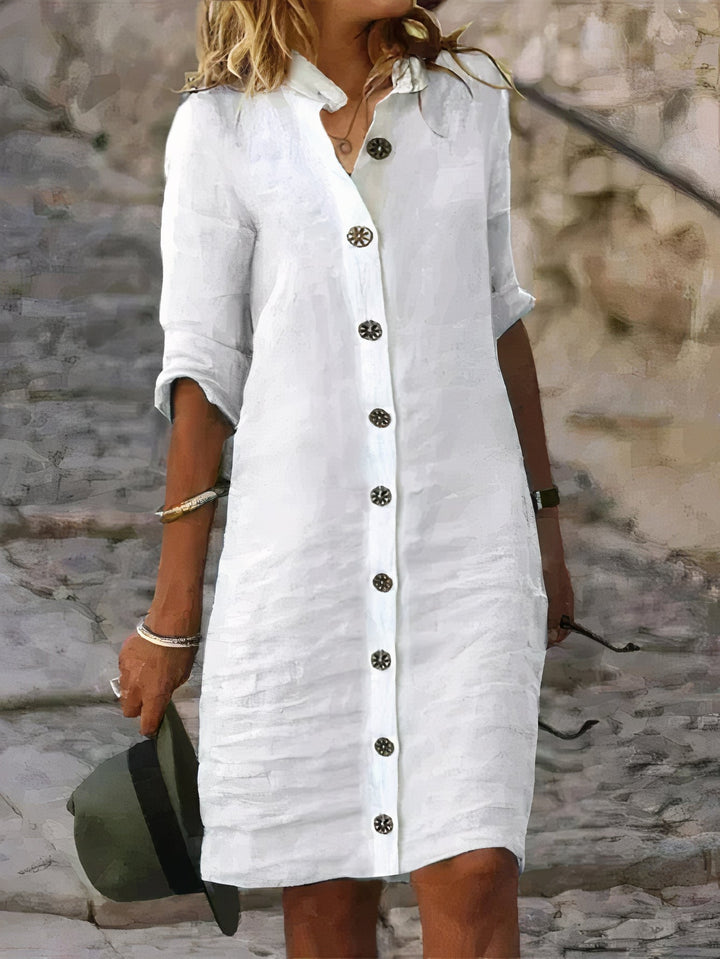 Hazel | Sophisticated Button-Front Linen Dress with Relaxed Midi Fit