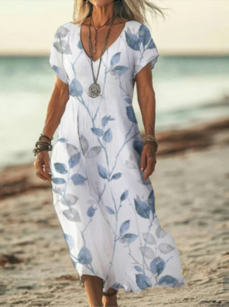 Heidi | Effortless Leaf Print V-Neck Summer Midi Dress