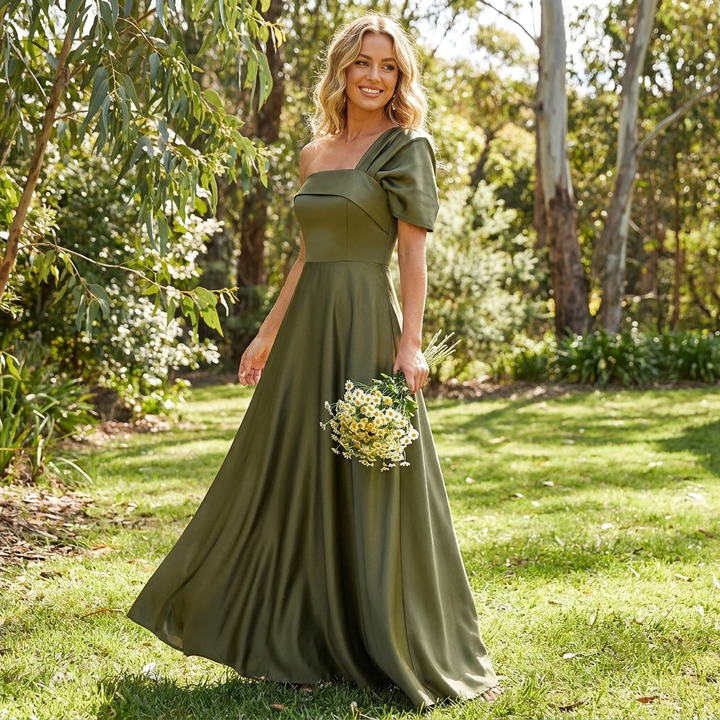 Heidi | Sophisticated One Shoulder Satin Maxi Dress for Races Dresses