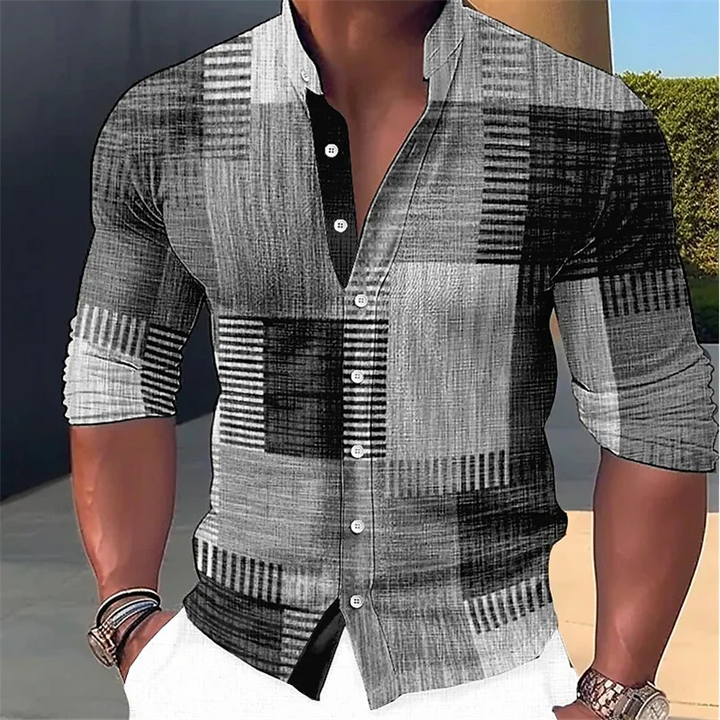 Hugo | Stylish Patchwork Print Linen Shirt with Mandarin Collar