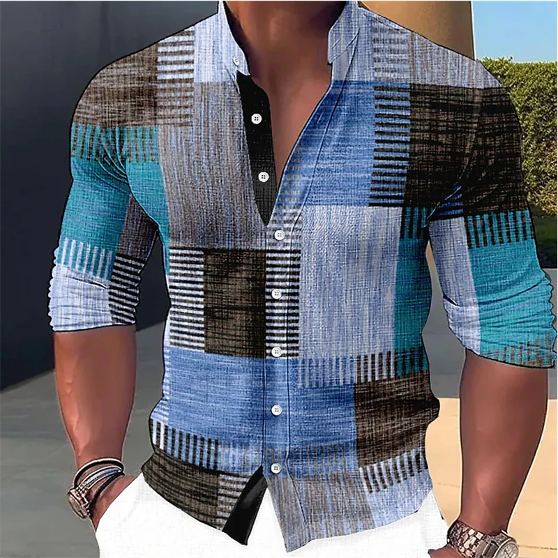 Hugo | Stylish Patchwork Print Linen Shirt with Mandarin Collar