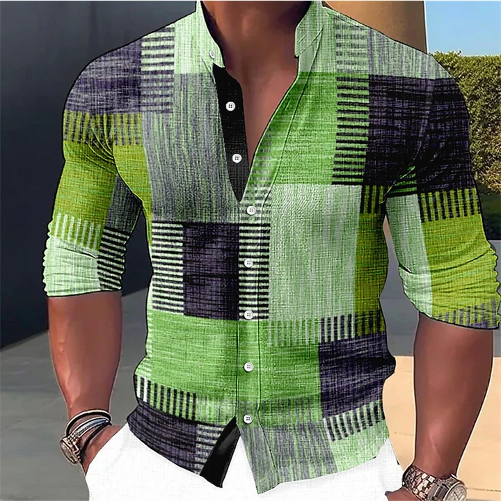 Hugo | Stylish Patchwork Print Linen Shirt with Mandarin Collar