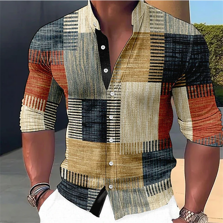 Hugo | Stylish Patchwork Print Linen Shirt with Mandarin Collar