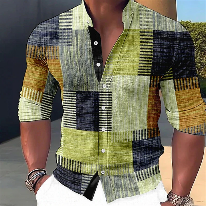 Hugo | Stylish Patchwork Print Linen Shirt with Mandarin Collar